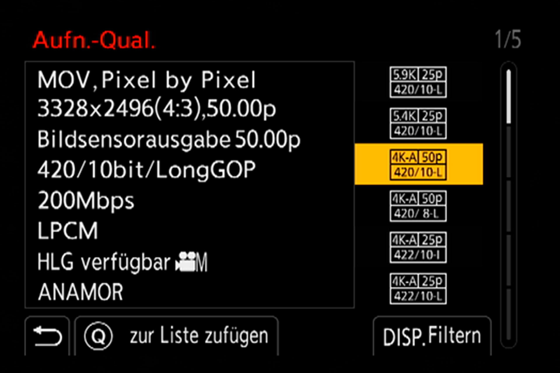 Untermenü, Aufnahmequalität, Seite 1 von 5